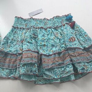 Poupette St. Barth Aqua Floral Tiered Skater Skirt with Tassels
